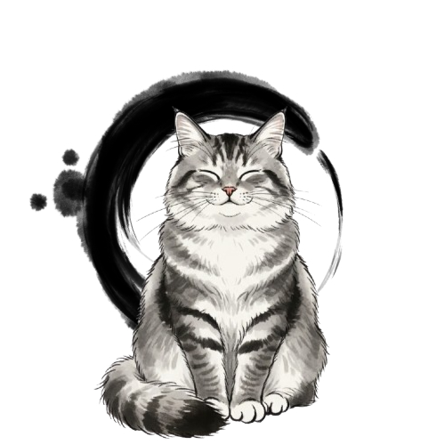 Watercolour ink painting of a calm cat, representing the Tao of Cat